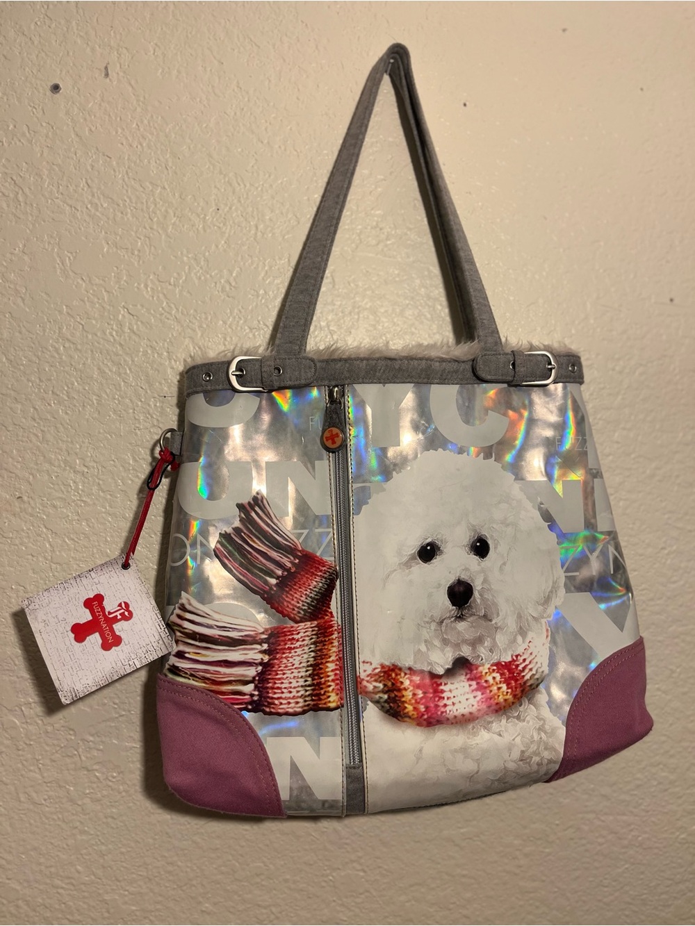 Holographic Bichon Frise Tote Bag in Gray and Pink